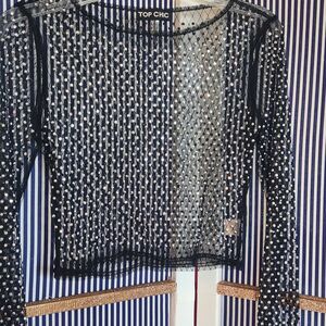 Top Chic Black Sheer Mesh Rhinestone Long Sleeve Crop Top -Size M